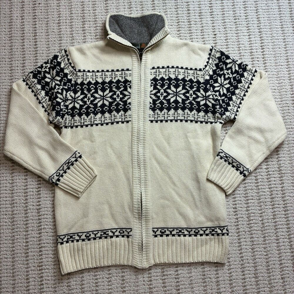 Fair Isle Full Zip Knit Cardigan Sweater Nordic Fisherman Ski Cream Navy Mens XL